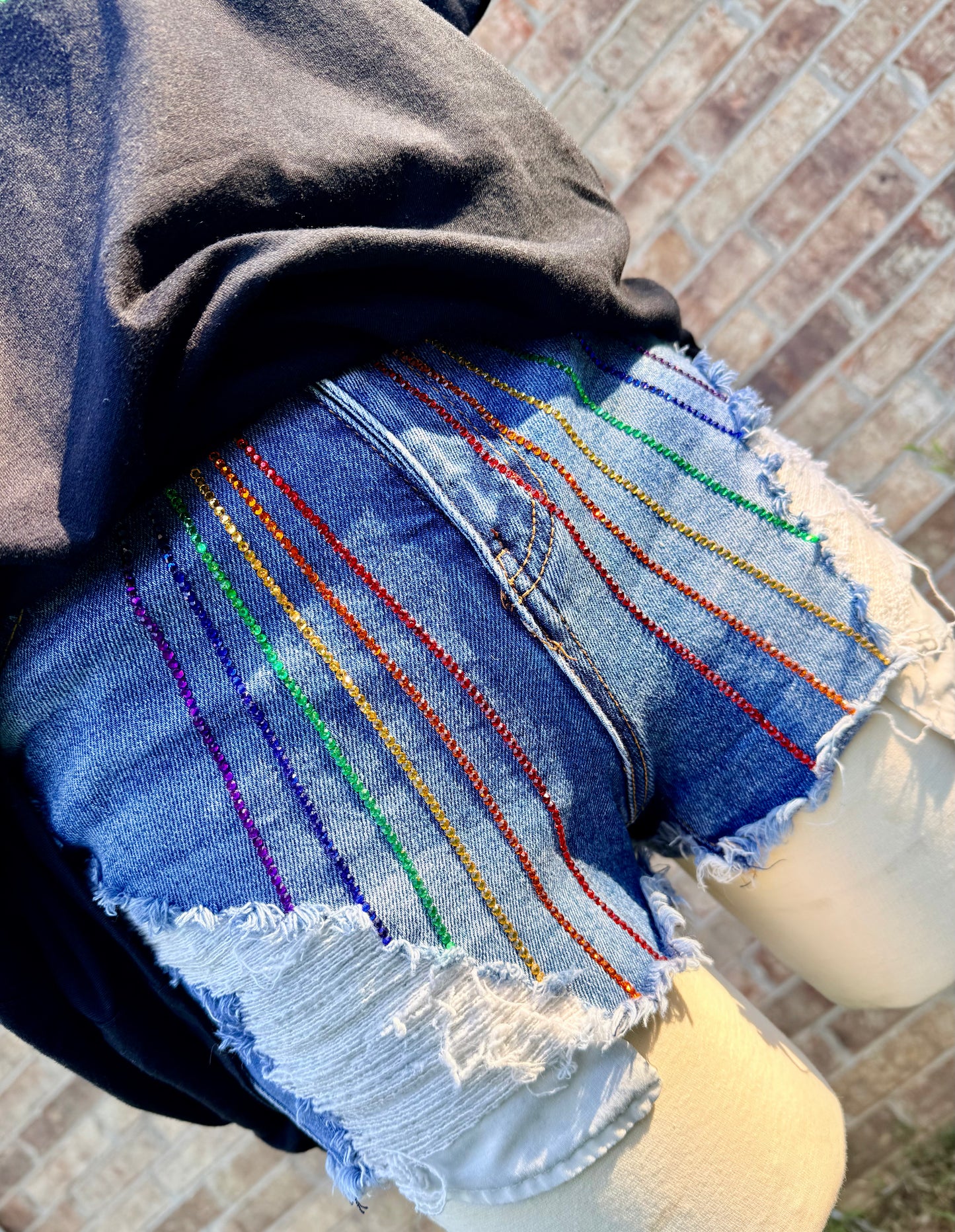 Rainbow rhinestone Jean shorts